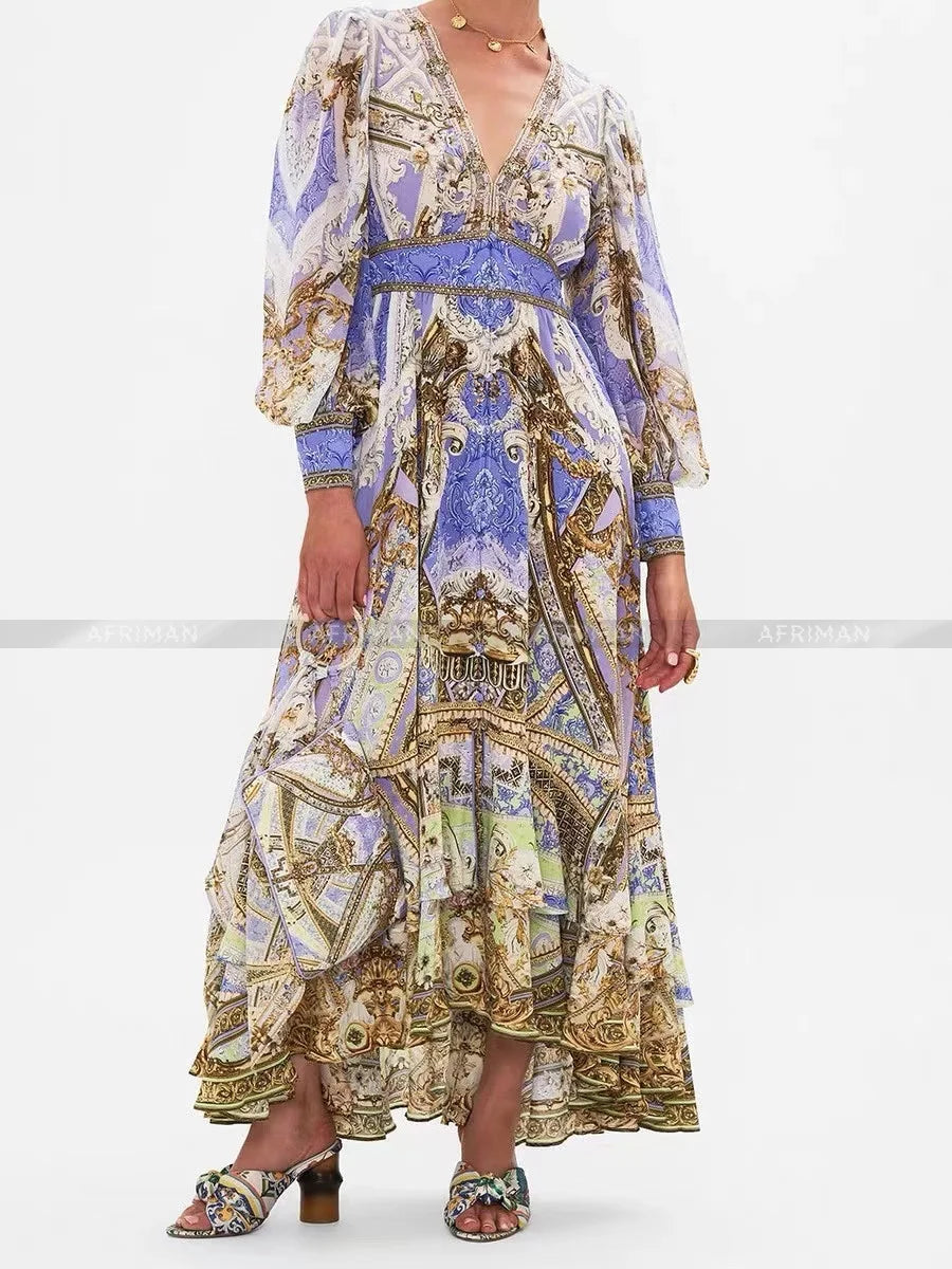 Designer Dress New Bohemian Style V Neck Purple Flower Print Long